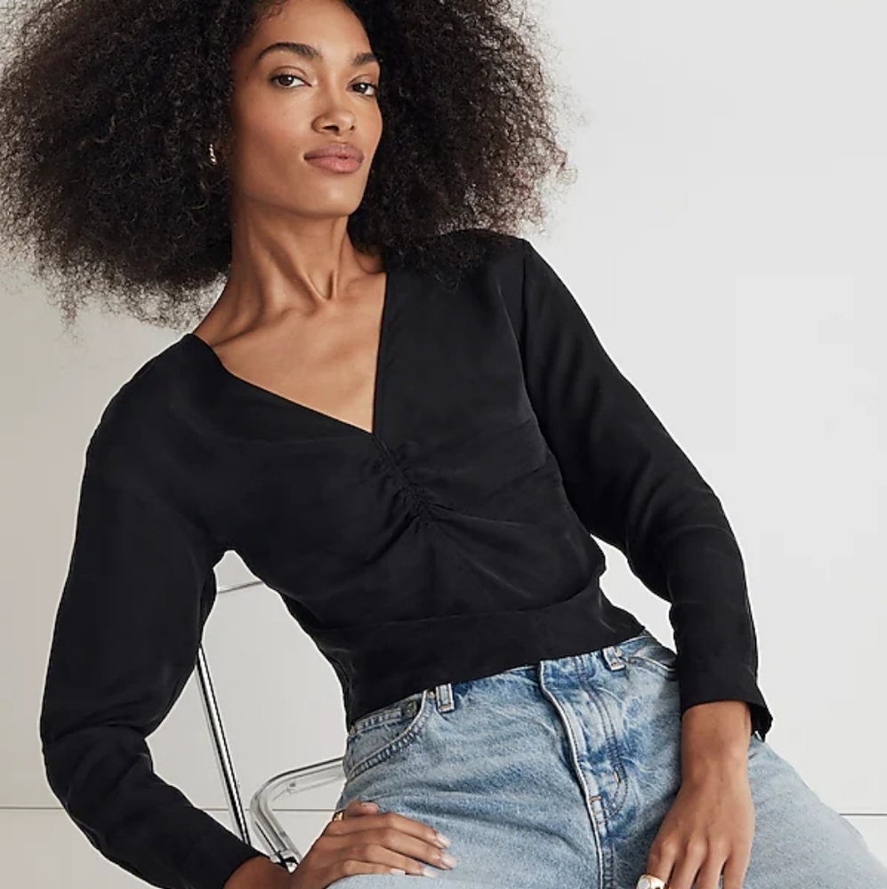 Madewell Brushed Ruched-Front V-neck Top True Black Women's 2‎ NWT Office Casual